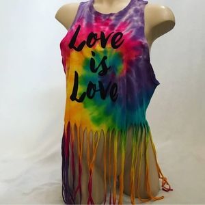🏳️‍🌈 "Love is Love" Rainbow Tie Dye Fringe Top